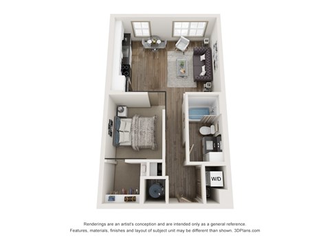 Floor plan for studio, 1 bath, 608 sqft